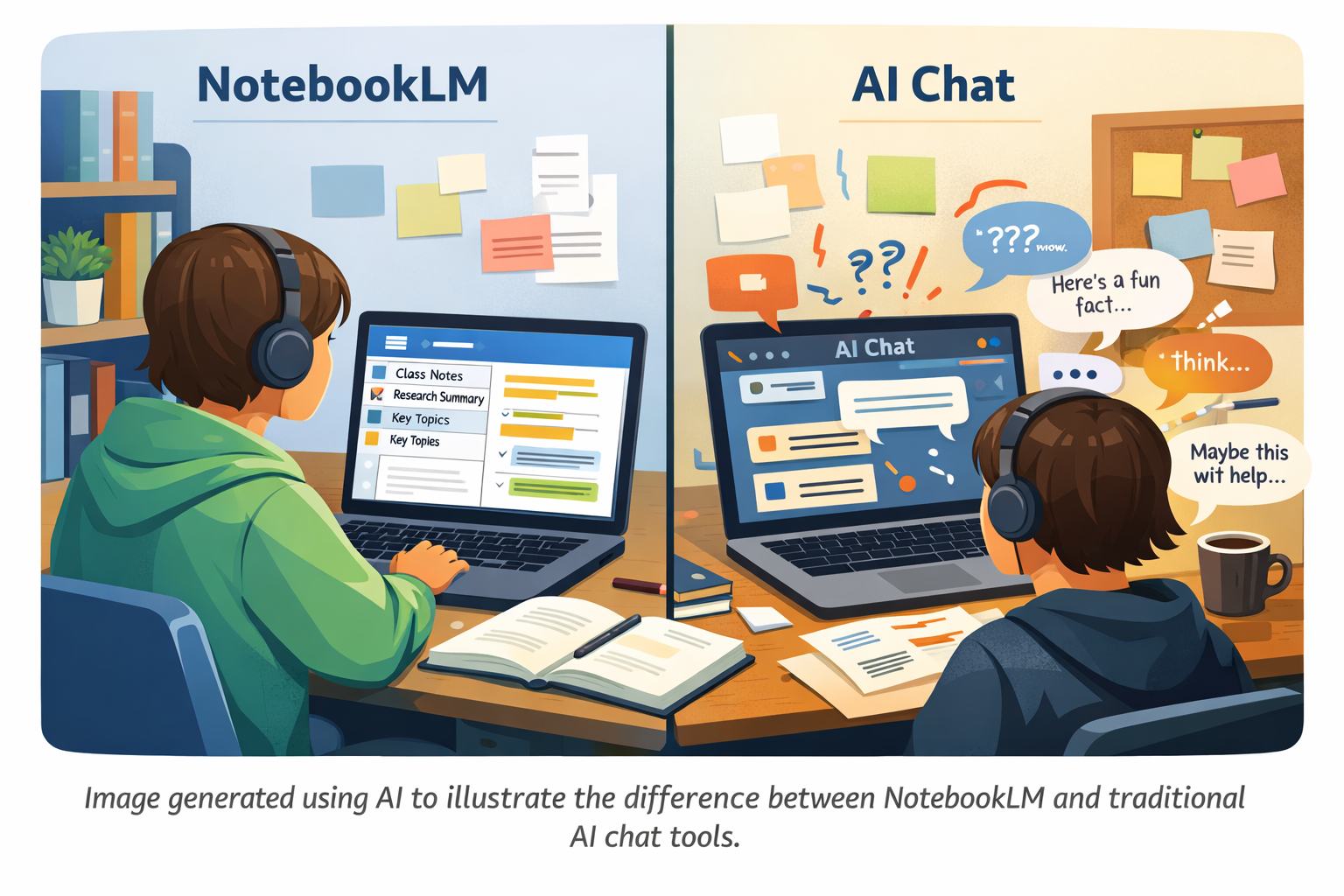 Two boys on the computer one using Chat and the other one using NotebookLm 